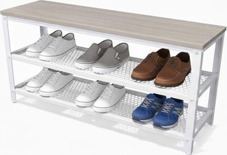 Relaxdays Relaxdays shoe bench, for 8 pairs, HxWxD: 45 x 100 x 30 cm, 2 wire shelves, wood-effect seat, light brown/white