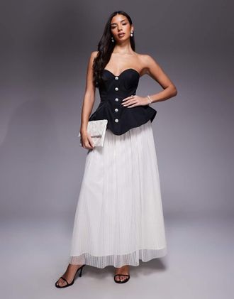 Asos Vestito lungo a fascia modellante con gonna in rete plumetis a pieghe bianco e nero-Multicolore