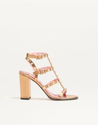 Valentino Garavani Rockstud Laminated Calfskin Sandal with Straps 90mm Woman GOLD 35.5