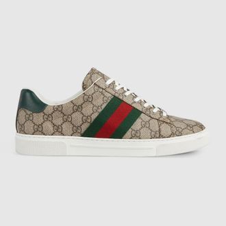 Gucci Mens Gucci Ace Sneaker With Web, Beige, GG Canvas