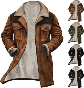 Generic Mens Anoraks Winter Jacket Warm Lined Suede Coat Denim Style with Pockets Faux Leather Design for Stylish Outdoor (Coffee, L)