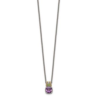 Diamond2Deal Sterling Silver with 14K Accent Cushion Amethyst and Peridot Pendant Necklace