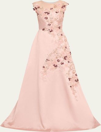 Teri Jon Sequin Floral-Embroidered Jacquard Gown