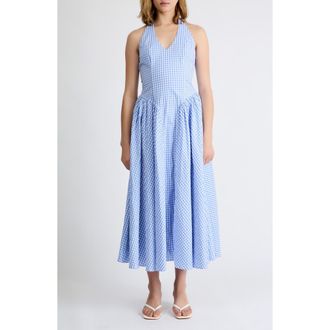 Extro&Vert Elodie Gingham Halter Midi Dress in Blue Gingham at Nordstrom, Size X-Small