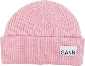 Ganni logo-patch intarsia-knit beanie - women - Wool/Recycled Polyamide/Recycled Virgin Wool - One Size - Pink