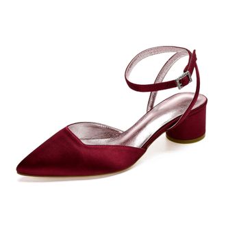 Generic Wedding Sandals Womens Low Block Heels Sandals Bridal Pointed Toe Slingback Ankle Strap Dress Party Heels 4.5,Burgundy,3 UK