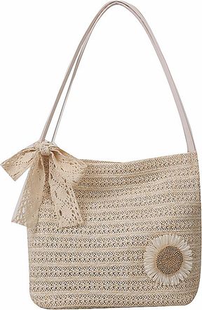 Generic Cymwer Women Straw Woven Shoulder Bag Female Hobo Handbag for Travel Work (White)