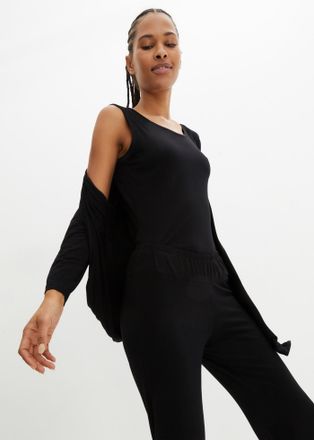 Bonprix Shirttop BONPRIX Loungewear Hausanzug, Damen, Gr. 56/58 (XXXL), schwarz, Obermaterial: 95% Viskose, 5% Elasthan, Tops Shirttop, Jacke mit 3/4-&Auml;rmeln, 