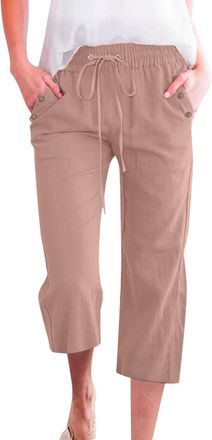 Generic Elastic Waist Trousers for Women with Pockets - Capri Pants for Women UK Cotton Linen Drawstring Trousers Comfortable Casual Ladies 3/4 Length Trouser