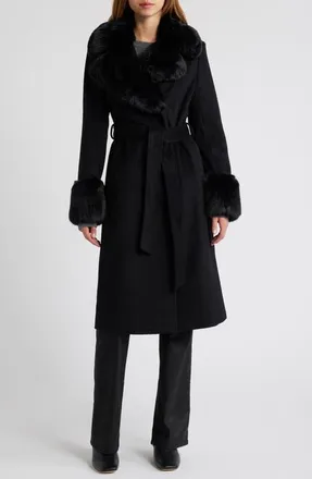 Via Spiga Belted Faux Fur Trim Coat in Black/Black at Nordstrom, Size X-Small
