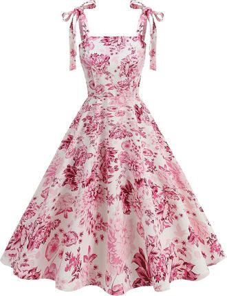 Generic Womens Floral Print Cocktail Dresses Vintage Tie Shoulder A-Line Swing Dress Modest Homecoming Dresses Sleeveless Knee Length Party Dress for Teen Gir