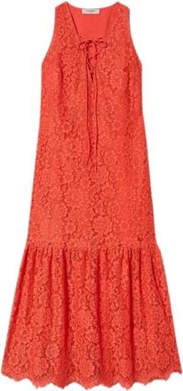Twinset Lange Kant Macrame Jurk - Dames - Casual kleedjes - Rood - M - Katoen - Kleedjes