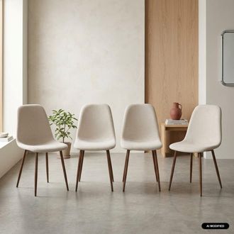 Sweeek Silla de madera y tela con patas color nogal, set de 4, beige