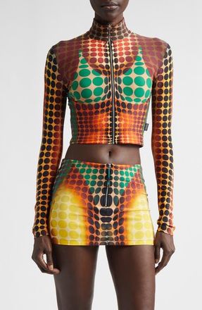 Jean Paul Gaultier Re-Edition Polka Dot Trompe lOeil Mesh Crop Top in Orange/Blue/Brown at Nordstrom, Size X-Large