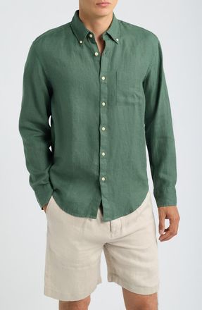 Alex Crane Playa Linen Button-Down Shirt in Pine at Nordstrom, Size Xx-Large