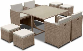 Sweeek 4 to 8-seater rattan cube table set with chairs, Vabo 8, Natural, 110x110x73 cm