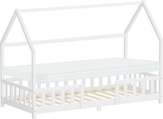 ML Design Ml-design Cama Infantil 90x200 Cm Blanco Forma De Casa Con Colch&oacute;n, Protecci&oacute;n Antica&iacute;da, Techo Y Somier, De Madera Maciza De Pino, Lecho Doble Montes