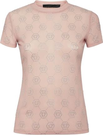 Philipp Plein T-Shirt Pure Monogram Strass - Dames - T-shirts - Roze - XS - Polyester - Tops