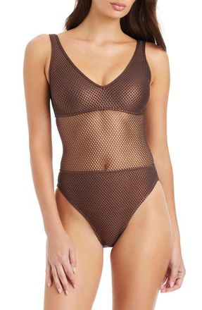 Sanctuary Net Metallic One-Piece Swimsuit in Espresso Bronze at Nordstrom, Size Small