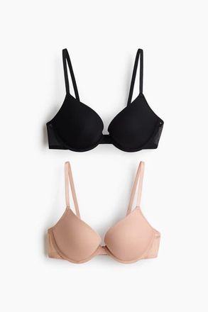 H&M 2-pack Microfibre Push-up Bras in Light Beige/black at Nordstrom, Size 32B