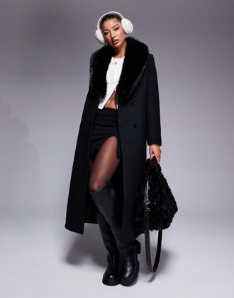River Island faux fur wool look coat in black