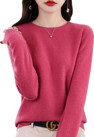 Generic Sweaters for Women, Long Sleeve Crew Neck Soft Warm Pullover Knit Jumpers Trendy Plus Size Lightweight Knit Top (Rose Red,L)