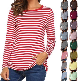 Generic Long Sleeve Tops Women Striped T Shirts UK Dressy Casual Loose Crewneck Basic Tees Ladies Going Out Sweatshirts Comfy Pullover Cotton Color Block Ligh