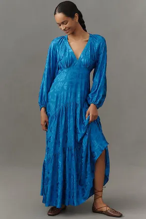 Farm Rio Long-Sleeve V-Neck Jacquard Maxi Dress