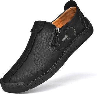 Generic Mens Loafers Shoes with Side Zipper, Handmade Non Slip Rubber Sole Walking Shoes Flexible Moccasins for Driving (Black,10.5)