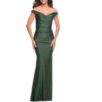 La Femme Off the Shoulder Prom Dress with Ruching in Dark Emerald at Nordstrom, Size 00