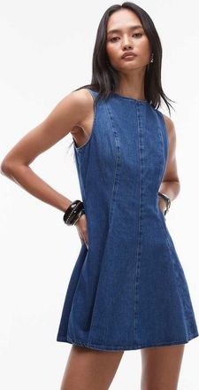 Topshop Vestito corto in denim blu medio con cuciture e fondo a ruota