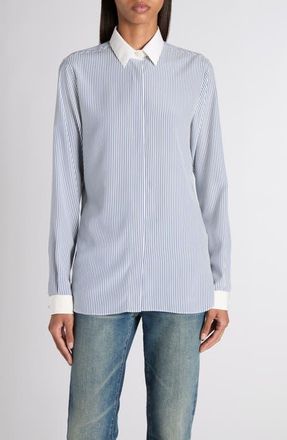 Tom Ford Stripe Silk Button-Up Shirt in Combo Blue/White at Nordstrom, Size 14 Us
