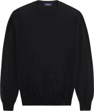 Fay Merino wollen trui met contrasterende patches - Heren - Ronde hals truien - Zwart - 2XL - Wol - Truien & Vesten