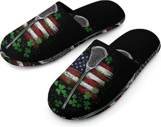 Generic Funny Lacrosse U.S. Flag Shamrock Mens Cotton Slippers Memory Foam Comfort House Shoes Winter Indoor Slipper for Hotel Casa Spa