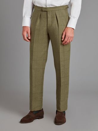 Oliver Brown Pleated Trousers - Moss Windowpane Tweed