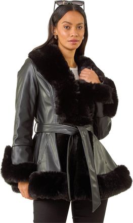 DUSK Womens Contrast Faux Fur Coat - Black - Size 16 UK