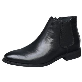 Generic Mens Flat Heel Formal Boots Pointed Toe Chelsea Ankle Boots PU Leather Work Boot with Side Zipper,Black,8.5 UK