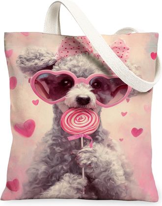 Generic Cute Dog Print Canvas Tote Bags, Adorable Heart Pattern Reusable Grocery Bags, ValentineS Day Lightweight Washable Shoulde, Peach, 13x15 Inch