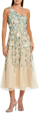 Mac Duggal Womens Floral Embellished Mesh One Shoulder Midi Dress in Nude Multi at Nordstrom, Size 10