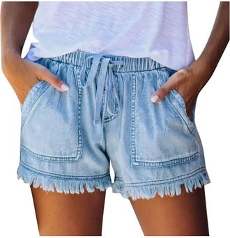 Generic Womens Denim Casual Stretch Fringe Cowgirl Tie Knot Tassel Straight Leg Elastic Waist Plain Summer Fall Jeans 2025 3XL Blue