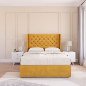 Sloomy Dior Wing Bed Set No Drawers With Ortho Sprung Mattress & 54 Floor standing Headboard Plush Velvet in Gold | Size: Super King
