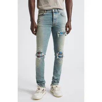 Amiri MX1 Flannel Patch Ripped Skinny Jeans in Medium Indigo at Nordstrom, Size 31