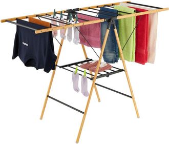 Relaxdays Tendedero Relaxdays, Plegable, 2 Niveles, Hbt: 100 X 148 X 56 Cm, Bamb&uacute; Y Metal, Tendedero Con Alas, Natural Negro