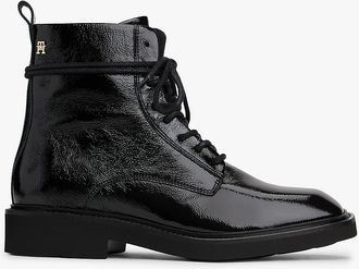 Tommy Hilfiger Womens Patent Crinkle Leather Lace-Up Boot - Black - US 6.5 / EU 37