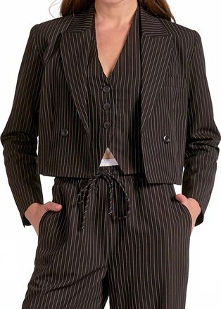 Elan Womens Cropped Pinstripe Blazer In Black