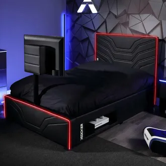 X Rocker Oracle TV Bed with LED Lighting & Underbed Media Storage in Black | Size: Small Double