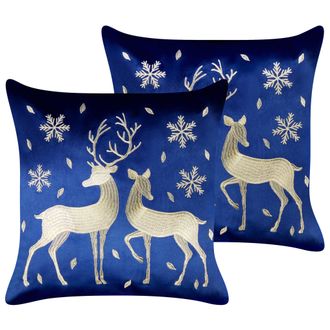 Beliani Beliani - Conjunto De 2 Cojines De Tela De Terciopelo Con Motivo Navide&ntilde;o Renos Azul 45 X 45 Cm Merengue
