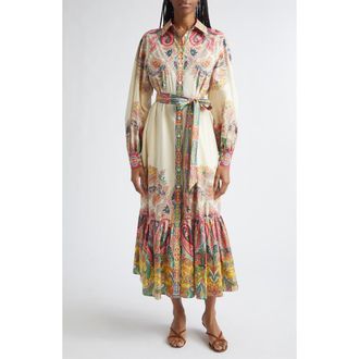 Etro Placed Paisley Long Sleeve Belted Midi Shirtdress in Print On White Base at Nordstrom, Size 12 Us