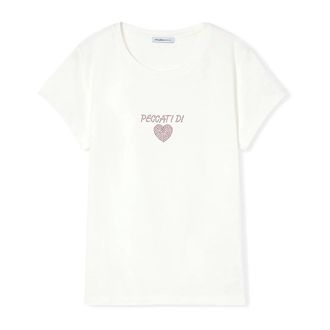 Motivi T-shirt con scritta e cuore in strass - - Tops - Donna - Bianco - XS