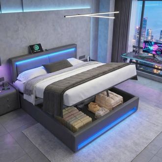 Merax PU-Lychee 5ft King Size LED Storage Bed with USB Charging in Grey